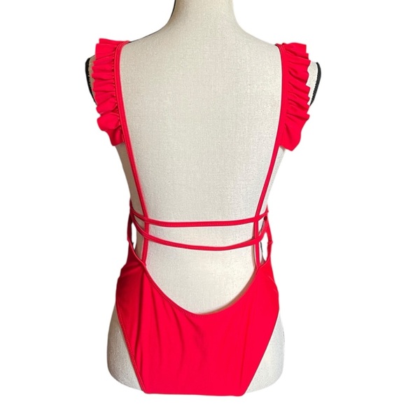 Cherry Red Women's One Piece Ruffle Bathing Suit Large - Picture 2 of 9